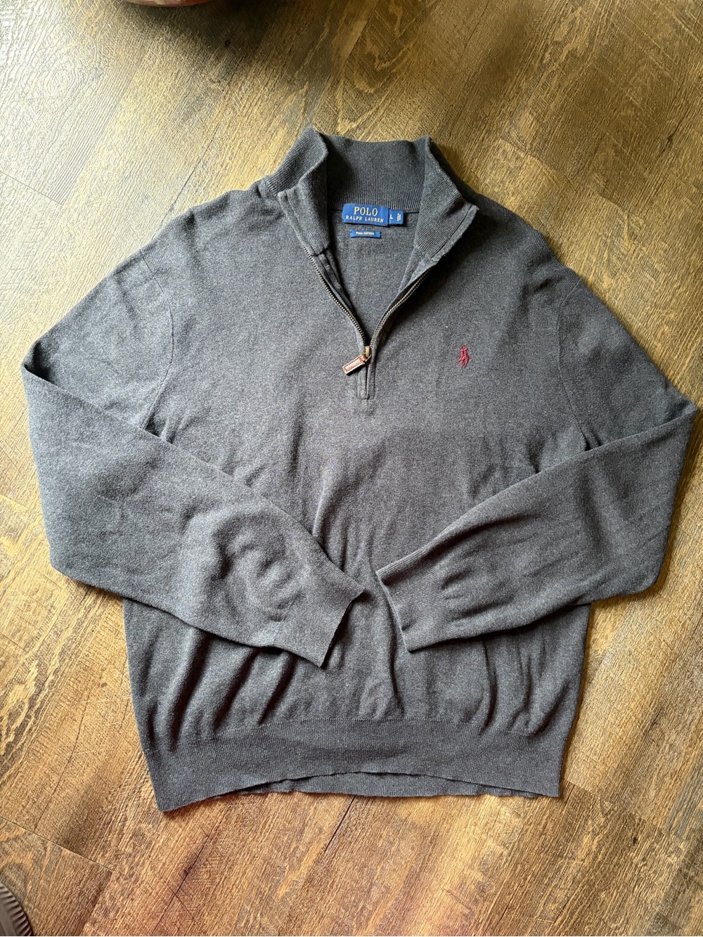 Ralph Lauren Polo Pima Cotton Men's Large 1/4 zip sweater, Charcoal Gray